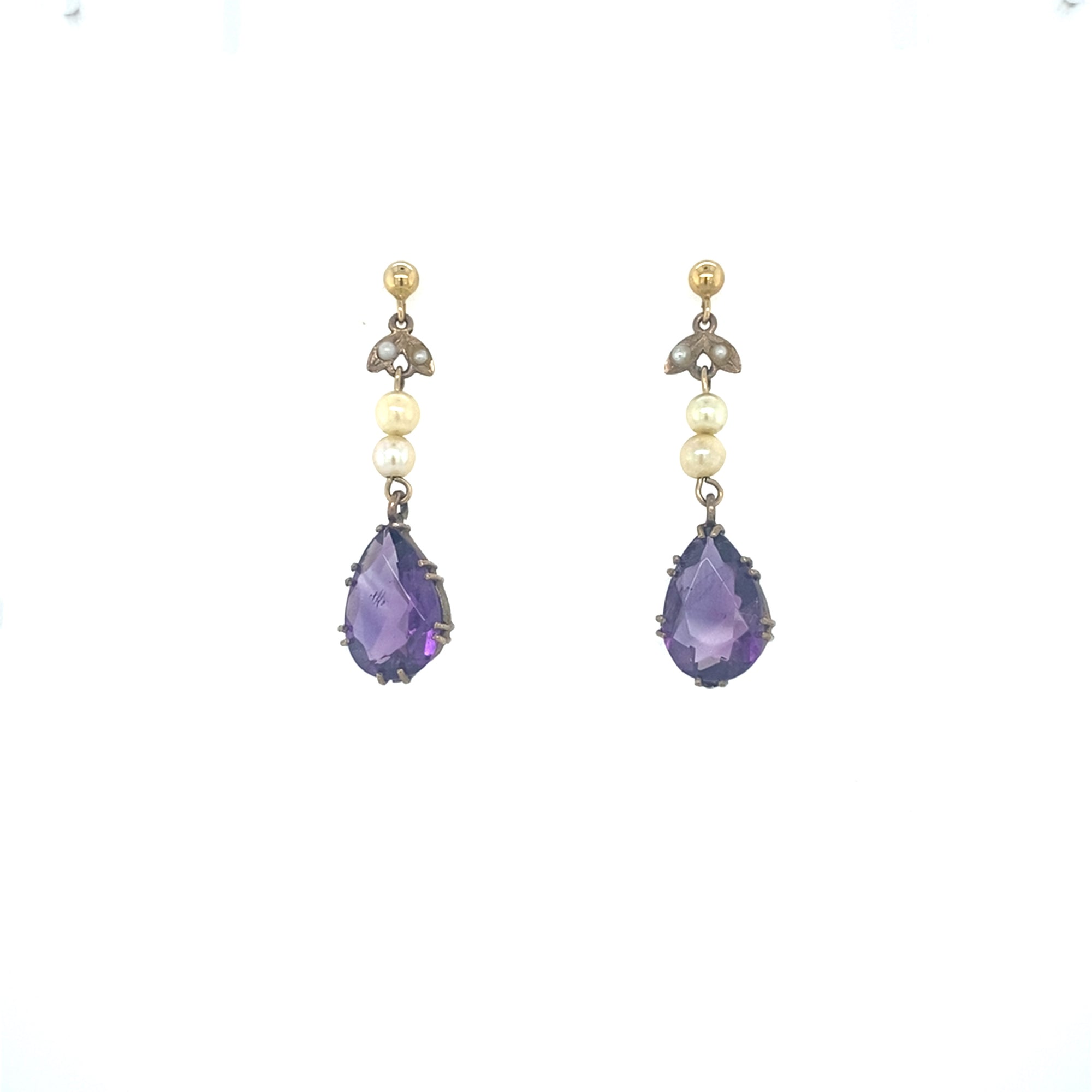 Antique 9kt Gold Amethyst &amp; Pearl Earrings