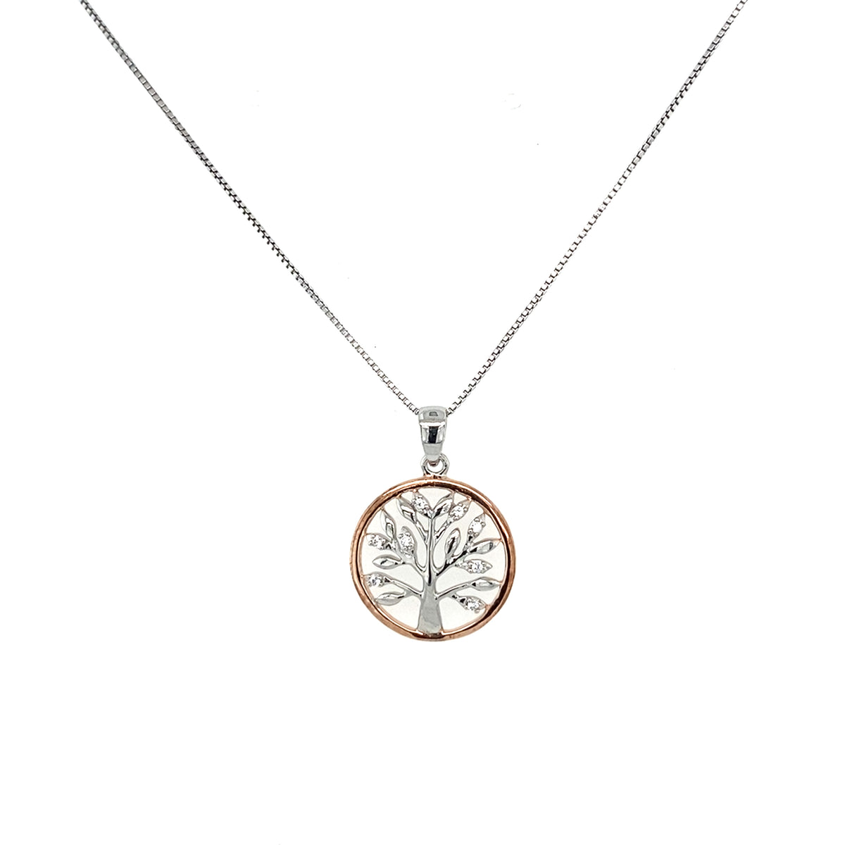 Sterling Silver Tree of Life Pendant with Rose Gold Surround