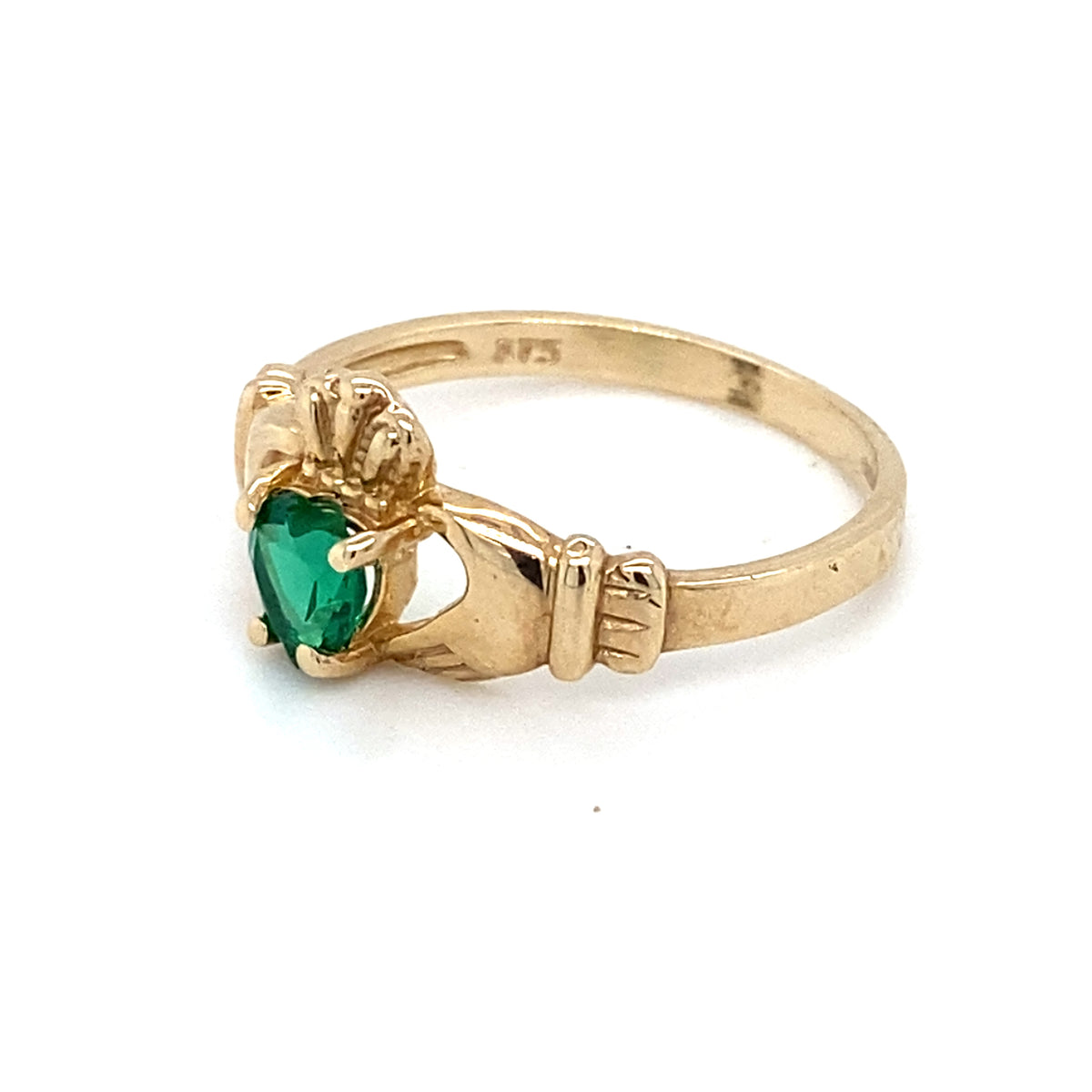 9Kt Gold Claddagh Ring with Green Stone